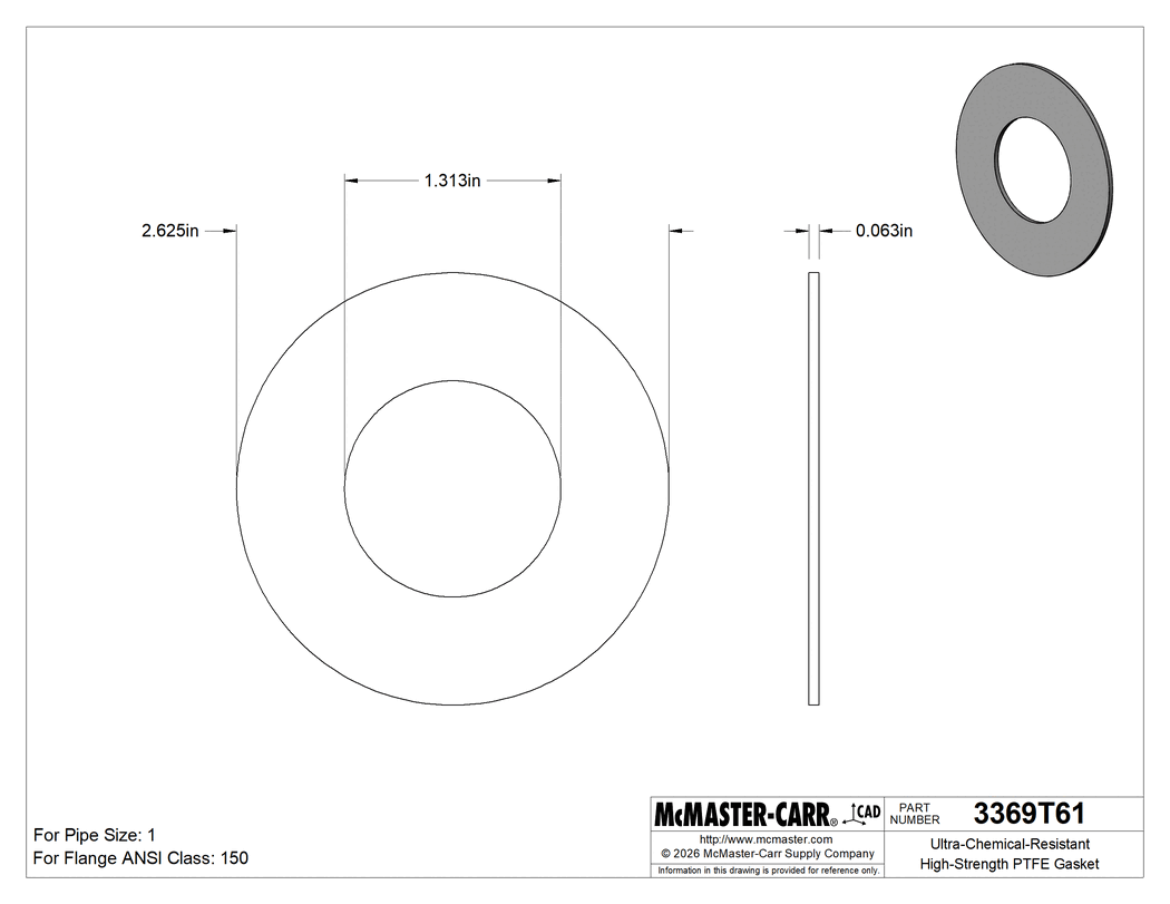 Technical Drawing of Ultra-Chemical-Resistant High-Strength PTFE Gasket, for 1 Pipe Size, ANSI Class 150.